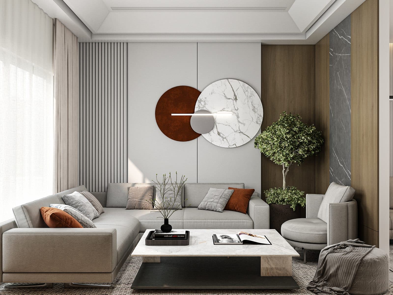 Type A apartment — living room with wood-slat feature wall and marble accents