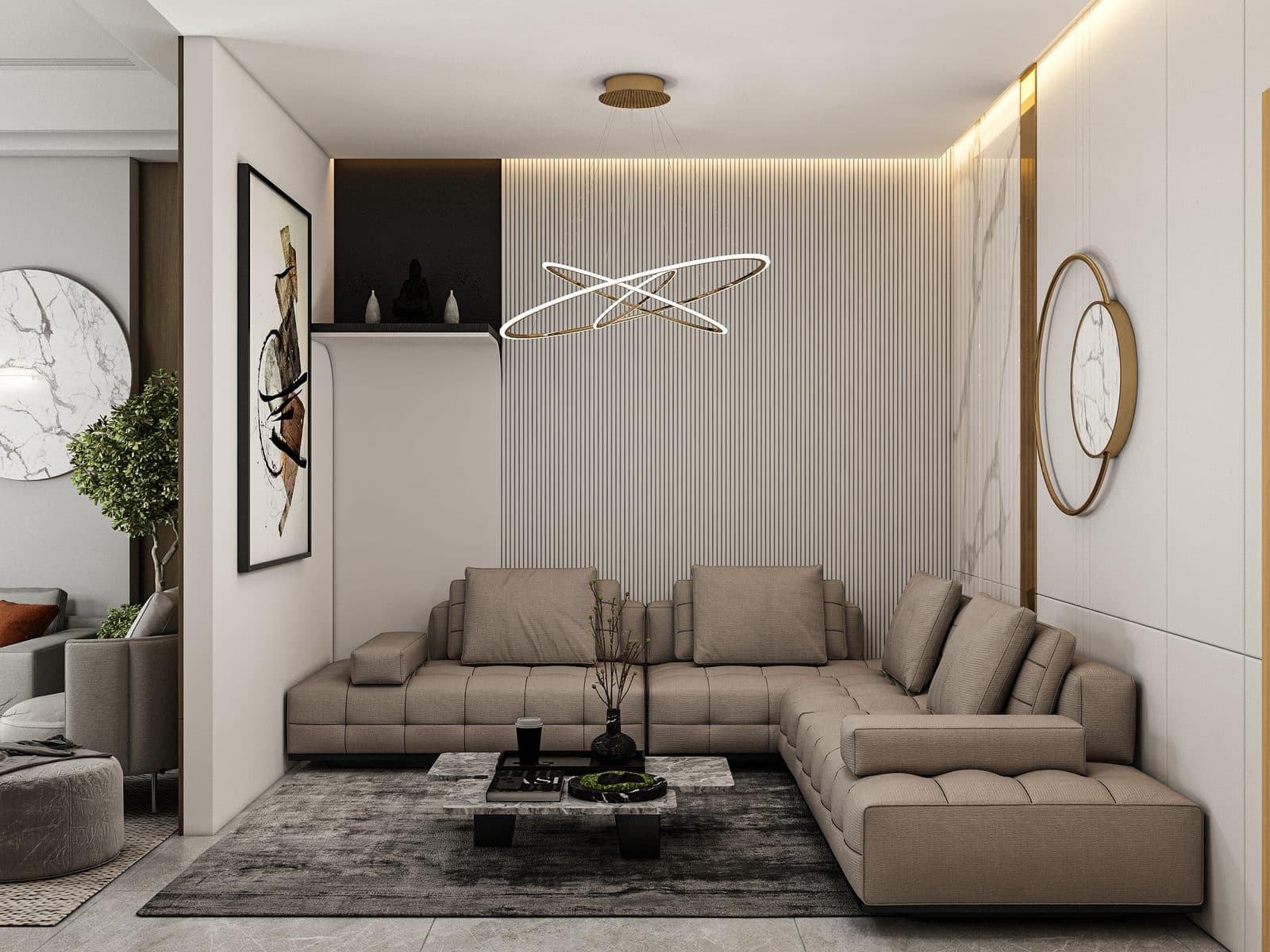 Type A apartment — salon with feature stone panelling