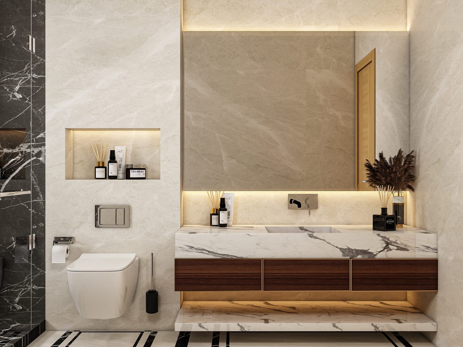 Type A apartment — bathroom in marble and walnut with recessed lighting