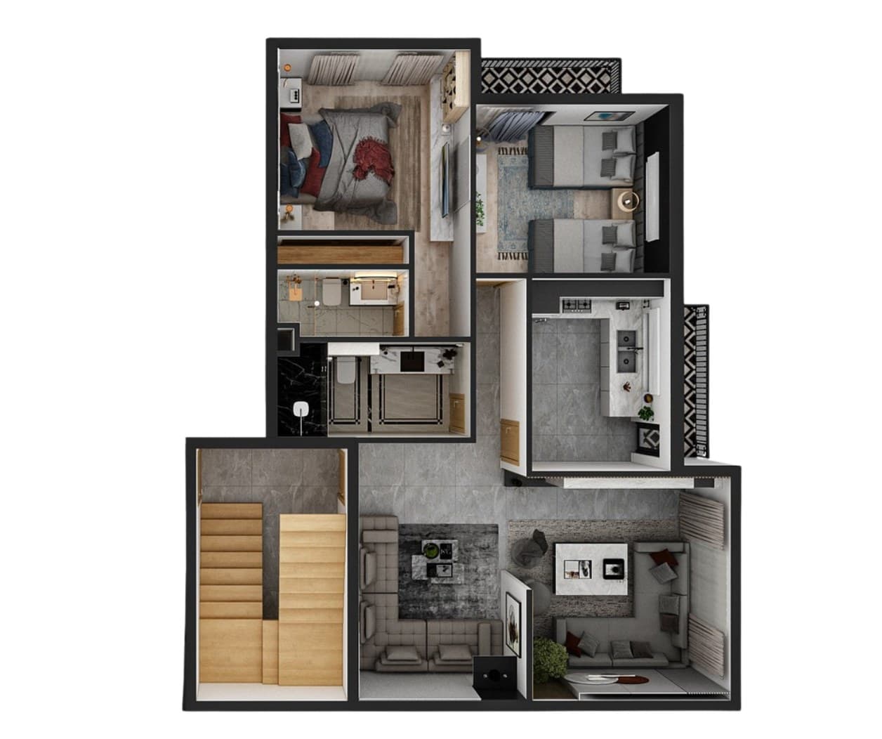 Apartment — Type A — 3D floor plan, Les Trois Façades, Fes