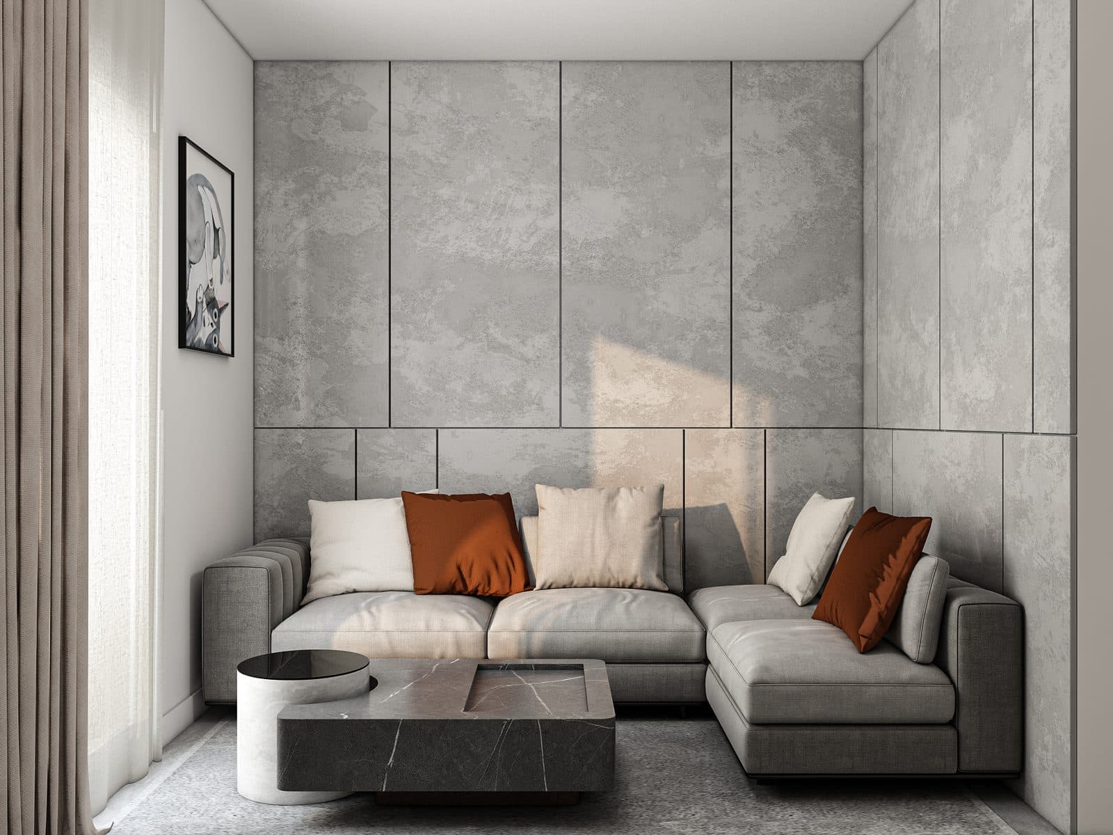 Type B apartment — living room with micro-cement panelling and terracotta accents