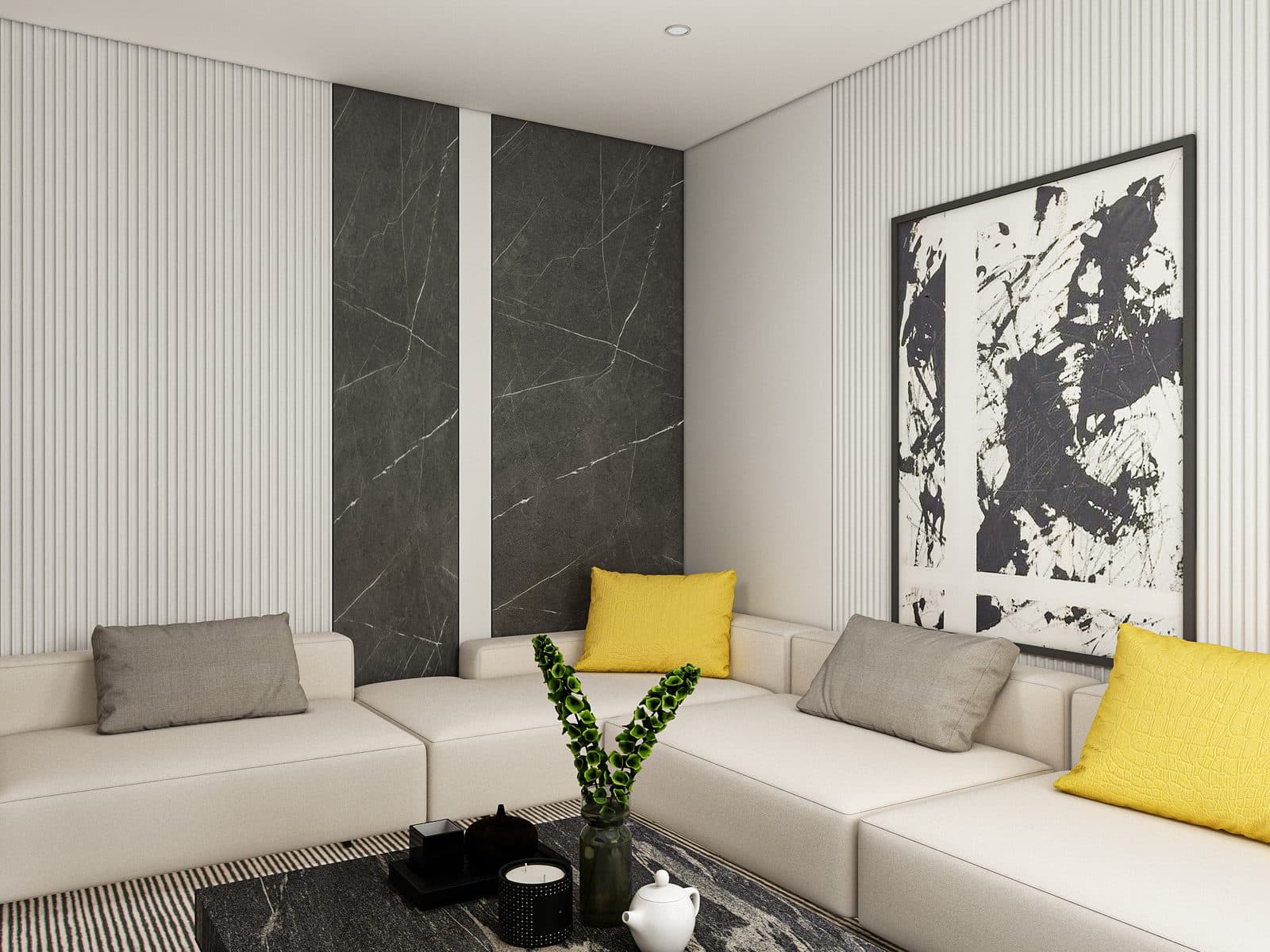 Type B apartment — salon with stone feature wall