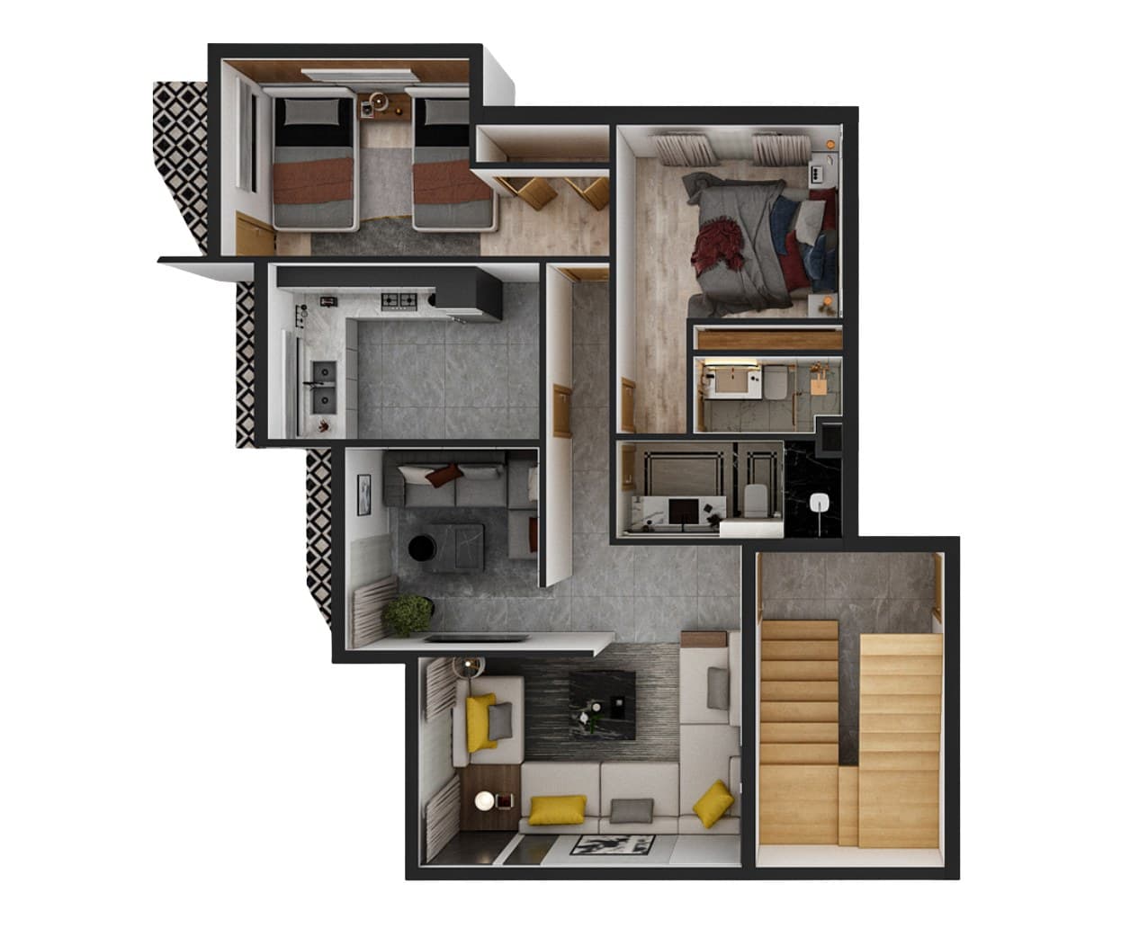 Apartment — Type B — 3D floor plan, Les Trois Façades, Fes